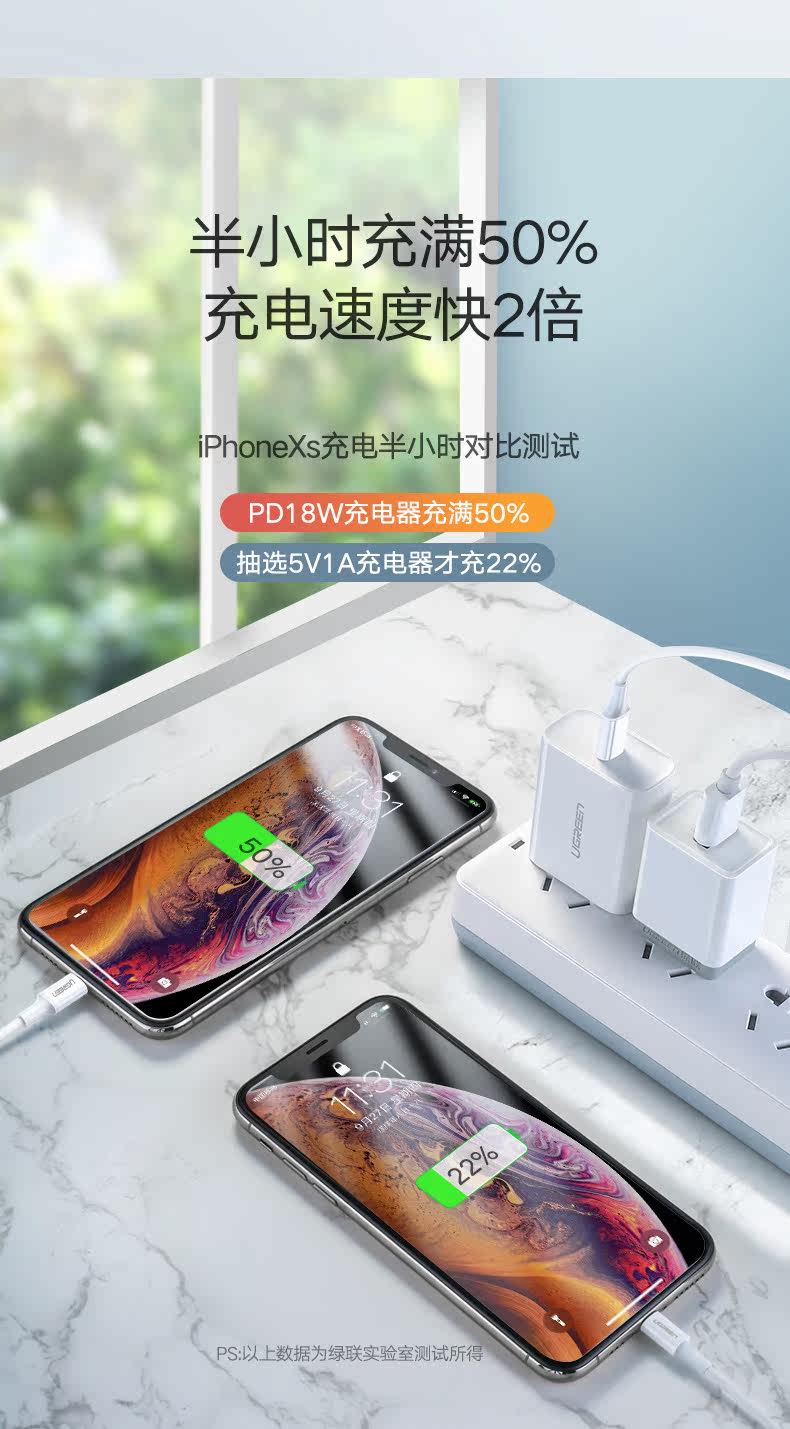 绿联pd18w充电器快充头适用于苹果iphone11pro max手机冲电mfi