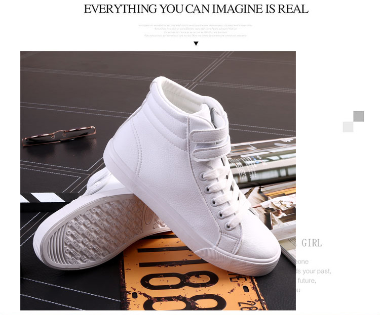 2016新款魔术贴白色高帮帆布鞋女内增高韩版