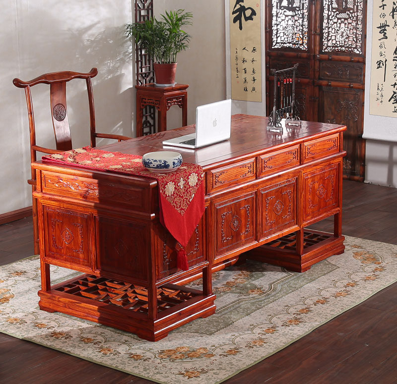 仿古家具古典实木榆木雕花中式明清实木写字台办公桌