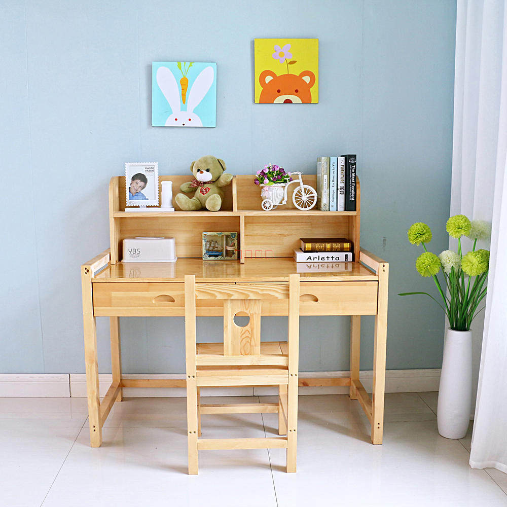 实木可升降儿童学习桌书桌桌椅套装带书架学生简约书桌课桌写字台
