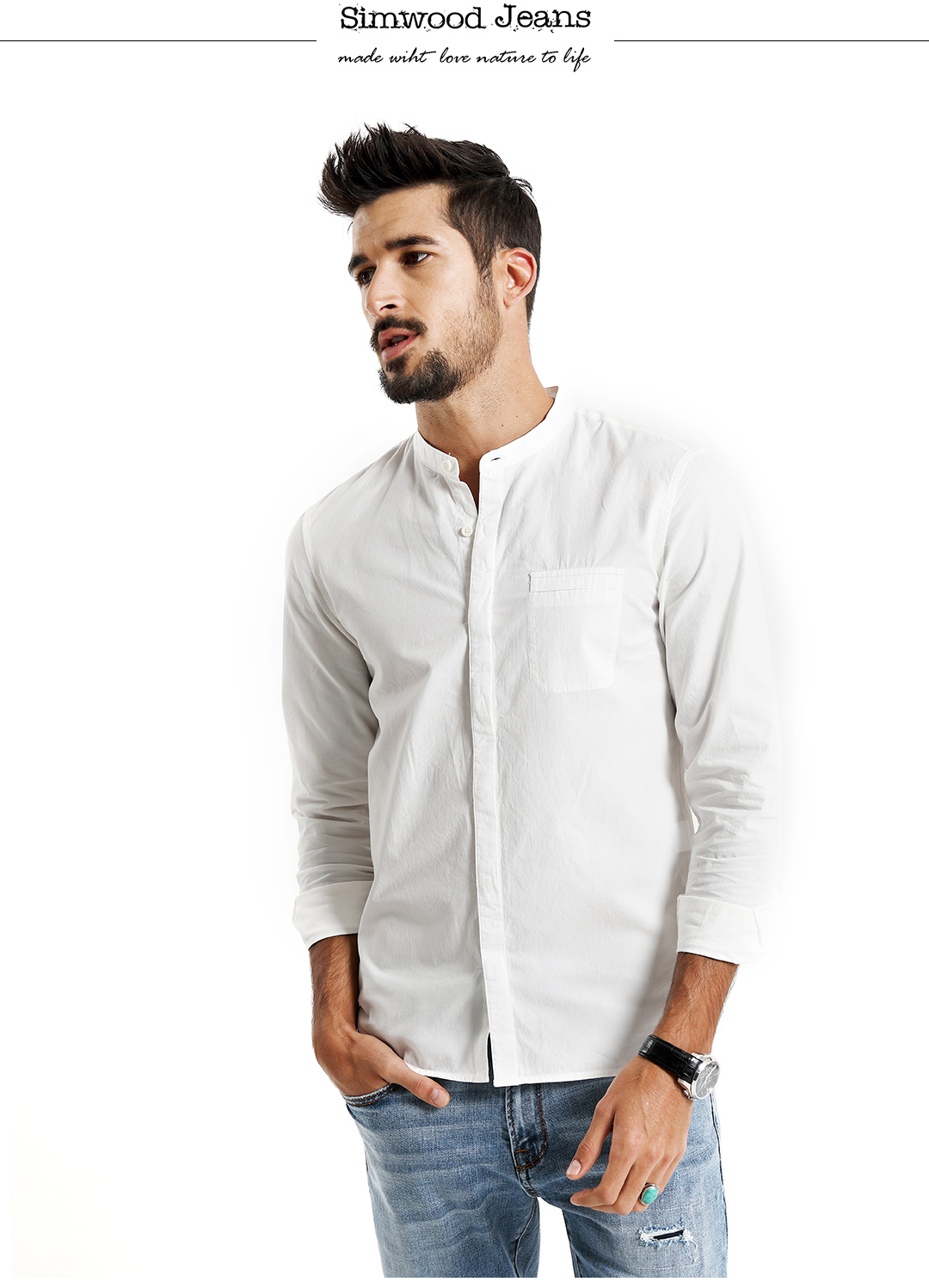 simwood简木男装2017夏季新款胸前口袋长袖衬衣男士修身立领衬衫
