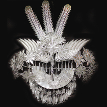 Ethnic Miao silver headdress three-tailed bird flower head hairpin tassel