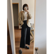 Line drawing workshop Japanese light retro high waist hanging thin elastic black nine wide leg pants women Autumn