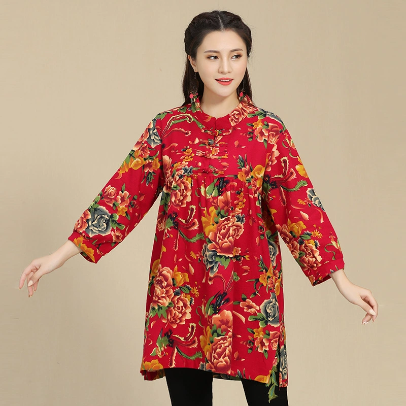 2019 mùa xuân mới phong cách quốc gia của phụ nữ Danfeng hoa tấm vải nút áo sơ mi rộng rãi kích thước lớn dài tay áo chui đầu - Áo sơ mi dài tay