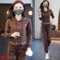 Pure cotton sports suit small ins tide autumn hooded beam running suit girls fitness and leisure two-piece