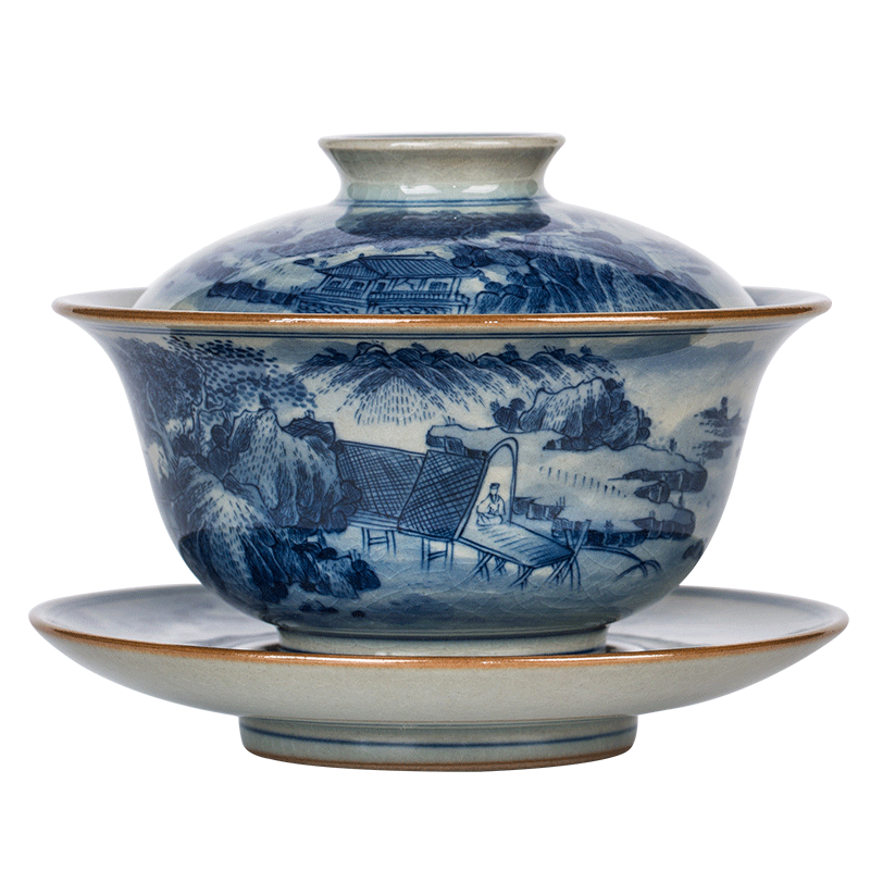 Old owl up clay five blue and white tureen tea service manual hand - made surface landscape maintain large kongfu tea bowl