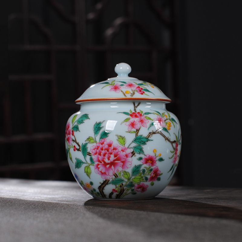 The Owl up of high - grade checking ceramic colored enamel tea boutique tea pot of green glaze peony tank cap decoration decoration