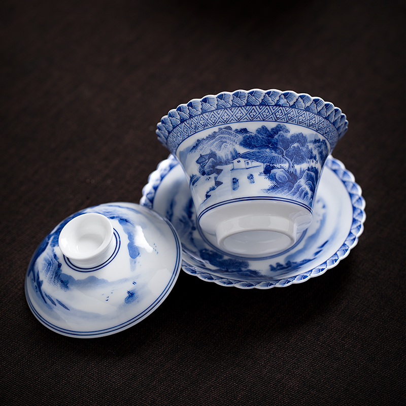 Jingdezhen ceramic tureen hand - made scenery always kung fu tea set manual blue three cups to bowl to bowl
