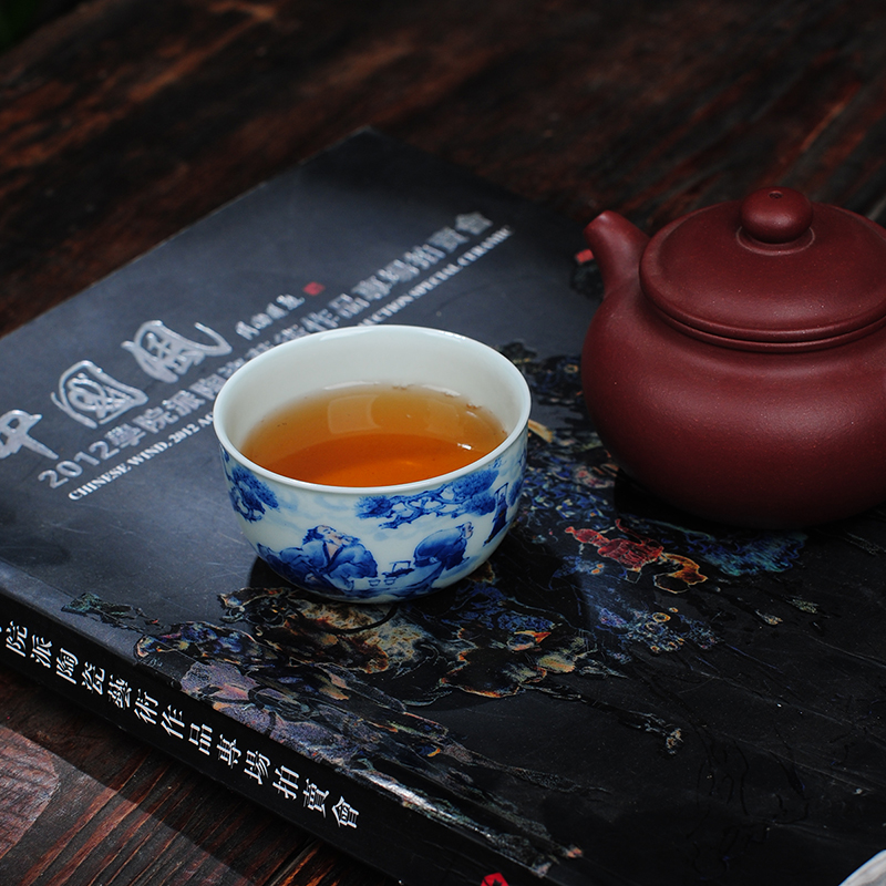 【 9.11 】 jingdezhen blue and white "boiled tea figure" pure manual hand - made the master sample tea cup