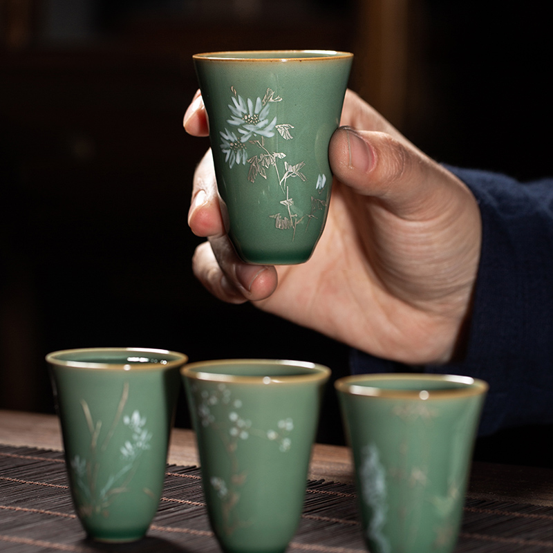 Owl up jingdezhen hand - made silver tea name plum green glaze kung fu tea cups individual cup four cups of high - grade suits for