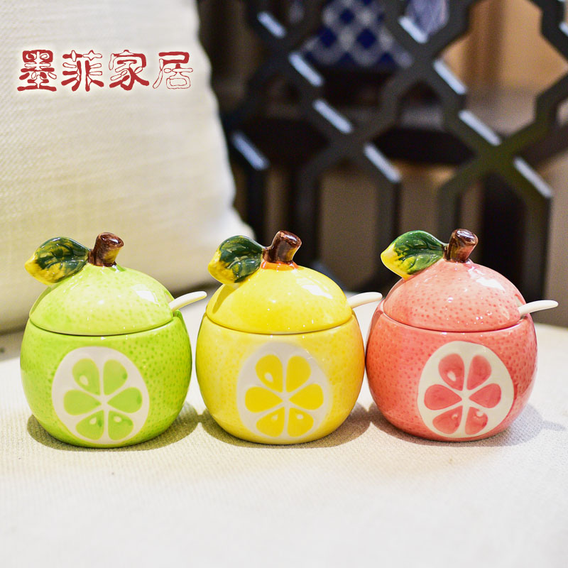 Household kitchen cartoon creative fruit flavored anaglyph ceramic pot seasoning jar with cover Household soft adornment is placed