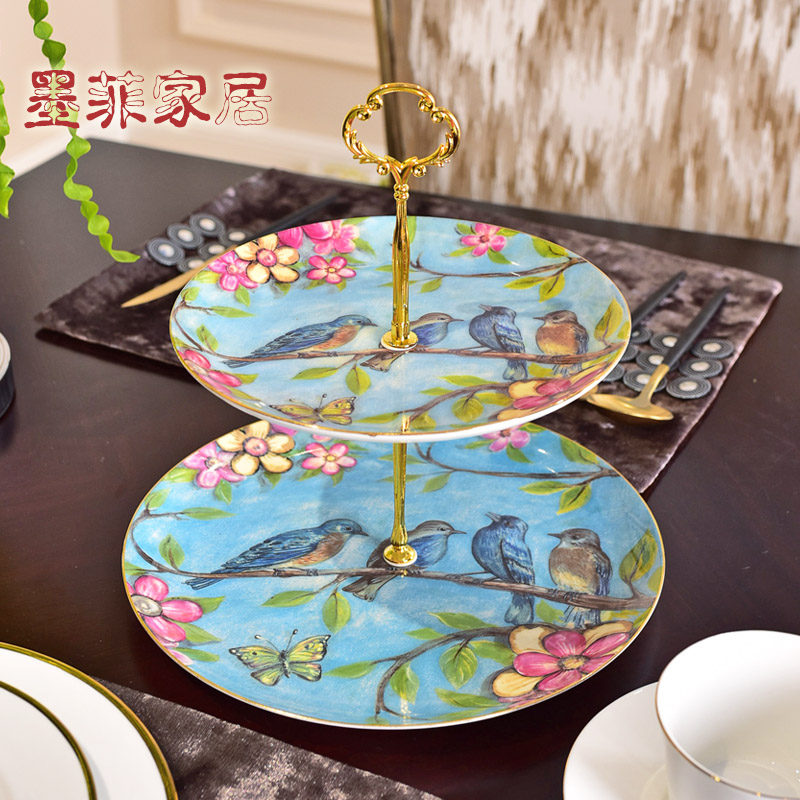 Europe type double light ceramic fruit bowl key-2 luxury wind new Chinese dim sum dish English afternoon tea with dried fruit bowl cake tray