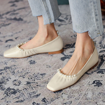 Shoes Children 2021 New Spring Single Shoes Woman Flat Bottom Light Mouth Pearl Soft Bottom Grandma Shoes A Foot Pedal Lefu Shoes