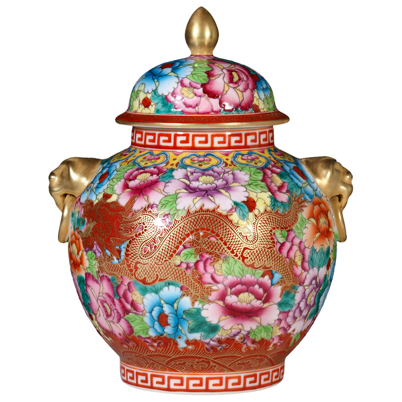 The Qing qianlong hand - made antique trace golden lion ear tank dragon wear a flower is Chinese style porch place jingdezhen porcelain ceramic vase