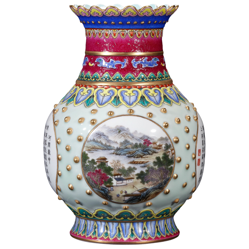 Jingdezhen ceramics imitation the qing qianlong emperor up pea green glaze medallion landscape sense grain drum nail bottles of the sitting room is placed