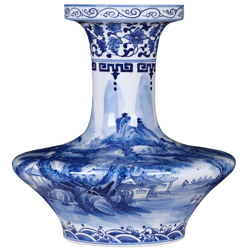 Jingdezhen ceramics antique hand - made landscape flat belly of blue and white porcelain vase household decoration crafts are sitting room