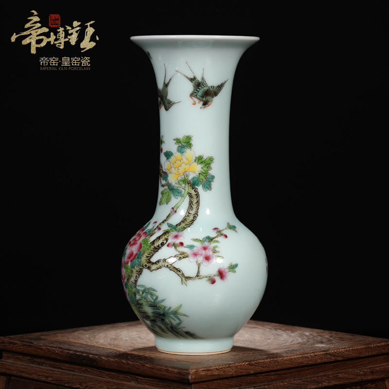 Jingdezhen ceramics vase pastel antique hand - made green glaze peony, black mushroom bottle collection of Chinese style household furnishing articles