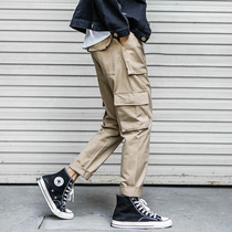 Yu Wenle tide brand Japanese retro trend straight overalls mens spring Harajuku pocket casual Harun trousers