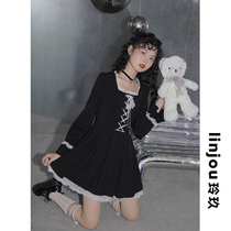 linjou Lingjiu French square neck long sleeve skirt Lolita dress female spring small black sweet spicy skirt