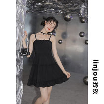 linjou Lingjiu black suspender dress summer new French waist small man slip skirt sweet spicy skirt