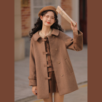 Lingjiu doll collar wool coat womens autumn winter 2021 medium long loose cashmere small camel tweed coat
