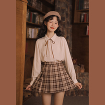 linjou Ling Jiu Chun plaid pleated skirt womens college style small skirt high waist skirt a word short skirt