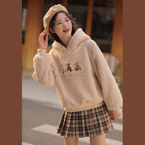 Lingjiu lamb sweatshirt womens hooded loose thick spring and autumn small bear plush short coat top