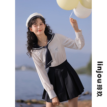 linjou Lingjiu sweet Japanese shirt womens 2022 Spring and Autumn New College Versatile Navy Collar Shirt Top