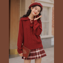Lingjiu Christmas red sweater womens thickened 2022 spring design sense niche navy collar long-sleeved knit shirt top