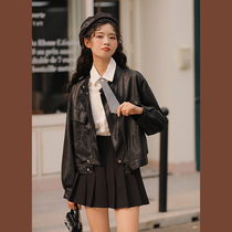 Lingjiu small black leather jacket 2022 spring new locomotive short jacket womens jacket retro versatile top