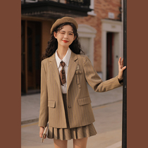 Lingjiu premium striped small suit set women 2022 new spring pleated skirt academy style net red two-piece set