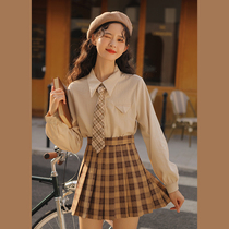 linjou Lingjiu college style jk plaid a word pleated skirt Spring and Autumn 2022 new small man slim skirt