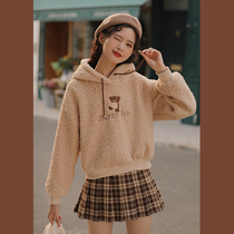 Lingjiu soft sticky sheep cake plush sweatshirt women plus plus puffed thick cute little bear spring hood jacket top small man