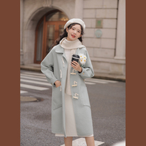 Lingjiu double-sided cashmere coat womens mid-length 2021 winter small cow horn buckle pumpkin color wool wool tweed coat