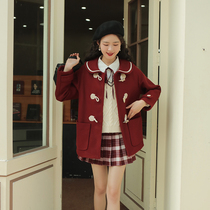 linjou Lingjiu 2022 college style retro Japanese coat horn button small tweed coat womens short