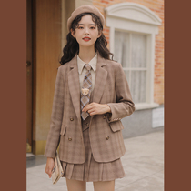 Linjou Lingjiu college style sub suit pleated skirt jk set vintage British style small man three-piece set women