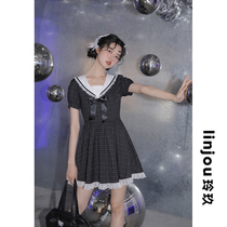 Linjou Lingjiu Navy collar plaid college style dress summer short small man sweet pleated short sleeve skirt