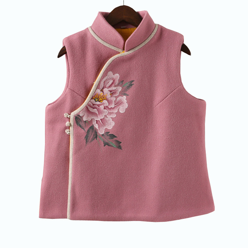 手绘复古羊毛绒茶服女禅意秋唐装中式马甲背心民族风女装夹棉外套_7折