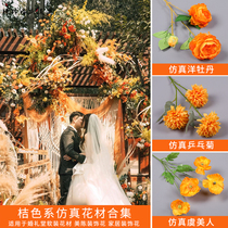 Wedding simulation flower orange silk wedding stage scene arrangement floral ornaments ceiling decoration flower arrangement
