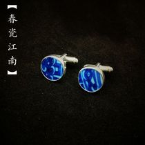 Handmade 925 sterling silver Ming Qing and White ancient porcelain piece Mens French shirt cufflinks cufflinks cuffs business elegant Chinese style