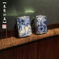 Qing Kangxi blue and white ancient porcelain accessories characteristic cultural gift 925 silver first jewelry light luxury mens high cufflinks