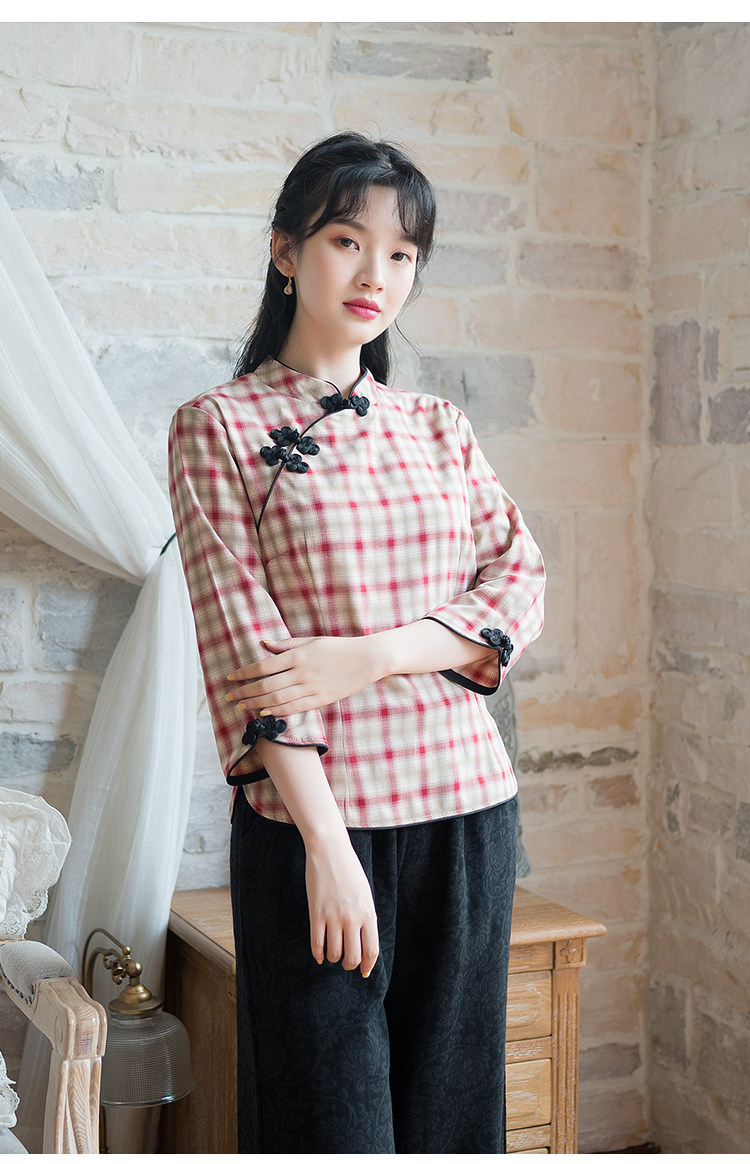 853#民国风七分袖格子旗袍上衣女 文艺复古女装 棉麻唐装上衣