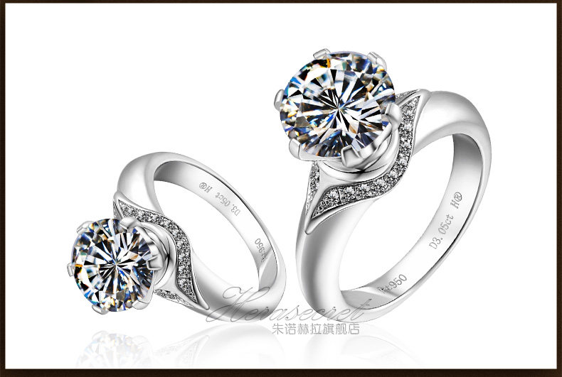欧美霸气hera钻戒仿真 女王三-2-1克拉六爪银珠宝pt950刻字戒指