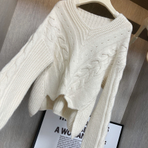 Super soft glutinous ~ loose lazy wind ~ V neck long sleeve pullover solid color sweater front short back long knitted top female autumn