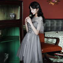 French gray evening dress female short birthday princess banquet with light and luxurious temperament