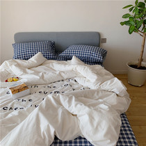 Ins bed and breakfast style pure cotton washed cotton four-piece set of cotton sheets quilt cover embroidery contrast color mix and match plaid bedding