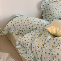 Lake blue pastoral small flowers spring and summer cotton four-piece cotton bed sheets quilt cover bedding girl ruffles