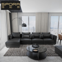 Minimalist leather sofa first layer cowhide black leather sofa Modern minimalist living room Nordic combination small apartment complete