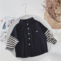 Xiaojie Family autumn new boys striped sleeve stitching lapel long-sleeved shirt girls Korean casual top tide