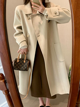MUKOK white double-sided cashmere coat womens 2022 autumn and winter new high-end horn buckle solid color mid-length coat